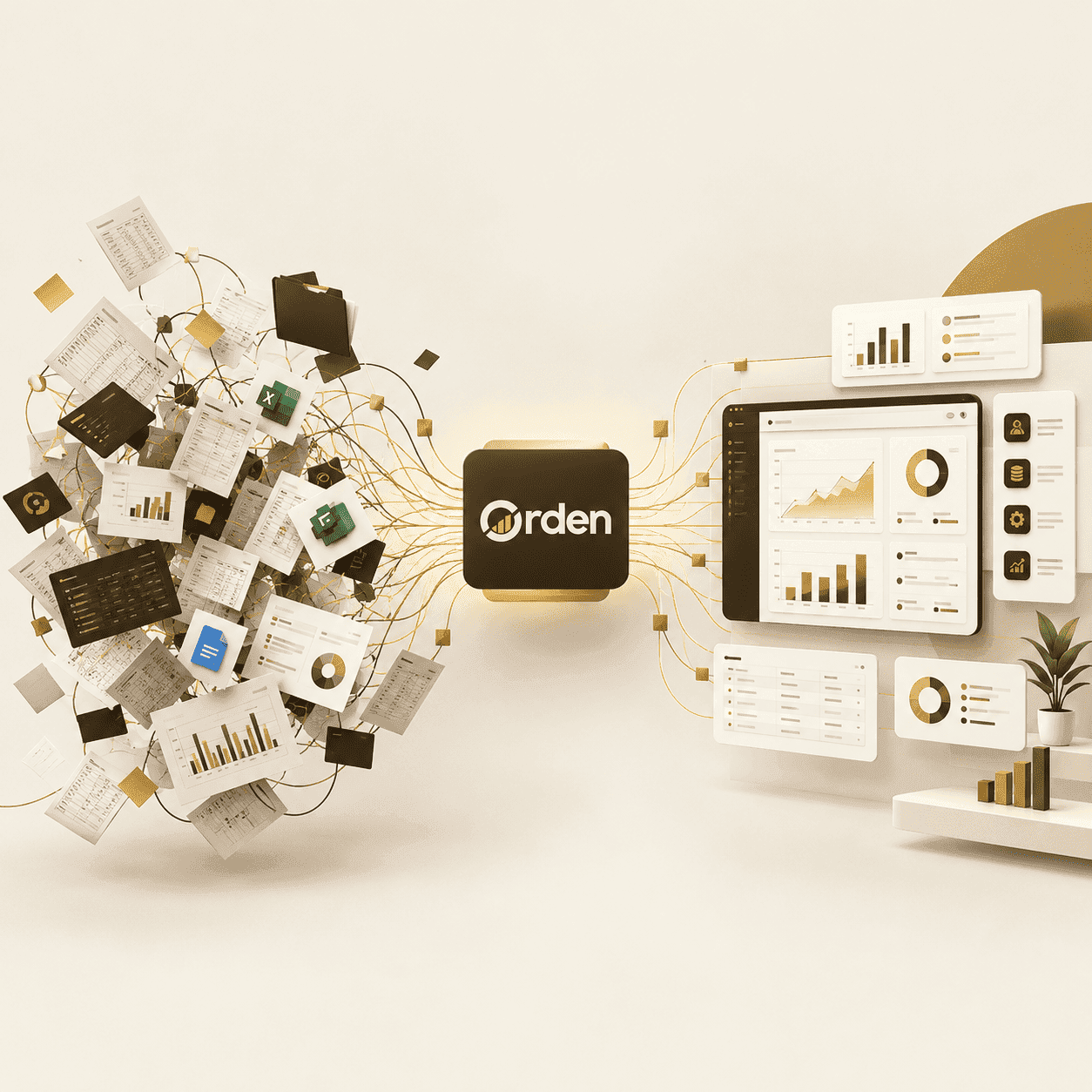 Scattered spreadsheets and documents flowing through Orden into a clean, organized dashboard